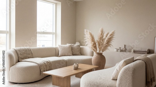 Minimalist Living Room with Cozy Sofa and Natural Elements in Soft Neutral Tones