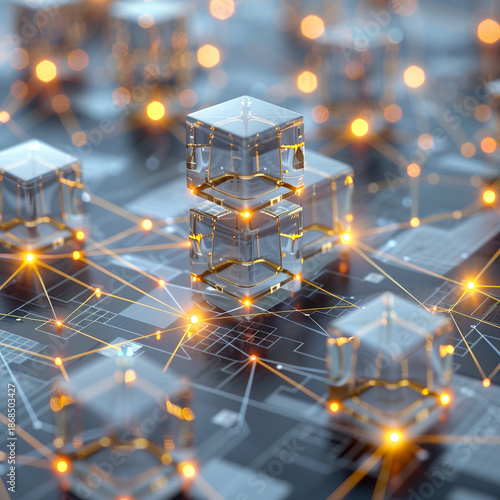 Complex network of interconnected transparent cubes with golden lines