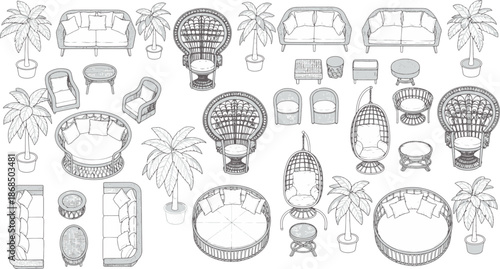 Elegant furniture sketched in a modern line-art style, showcasing a collection of sofas, chairs, and tables. Perfect for design presentations or adding a touch of sophistication to any project.