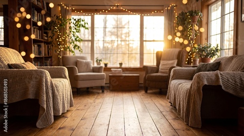 Cozy Living Room with Comfortable Chairs and Natural Light During Sunset with Warm Atmosphere