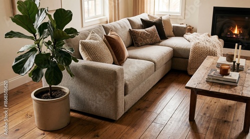 Cozy Living Room Featuring Modern Couch, Natural Plant, and Warm Fireplace Ambiance