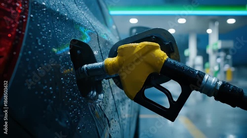 Hand inserts fuel nozzle into car at gas station in rain. Refueling car with gasoline at petrol pump. Yellow nozzle fills car tank. Gas station refueling at rainy night. Fuel pump and wet car.