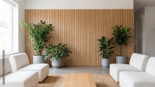 Modern Interior Design with Wood Accents and Indoor Plants in a Minimalist Living Room