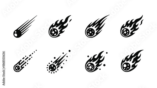 A set of black and white illustrations of flames and speed icons