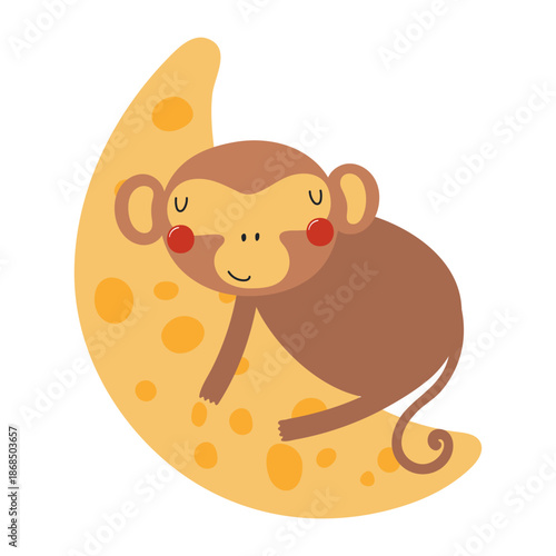 Cute baby monkey sleeping on the moon, isolated on transparent. Hand drawn flat vector illustration. Kawaii cartoon character. Kids fashion, textile print, poster, card, wall art, baby shower invite