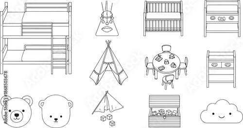 Collection of charming line-drawn nursery elements.