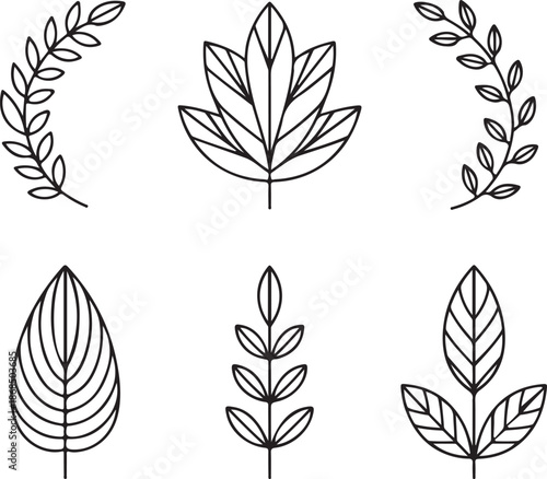 Collection of six unique leaf illustrations in black and white