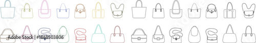 Women handbag icons set collection with purse bag tote clutch shoulder styles in flat and line design, fashion accessory outline illustration group for shopping retail UI branding