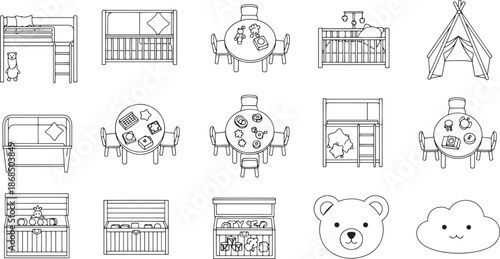 A collection of adorable children's furniture arranged as illustrated elements, ideal for design templates and interior mockups.