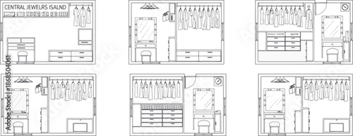 An architectural perspective showcases a collection of meticulously crafted wardrobe and jewelry room layouts. Capturing the essence of design.