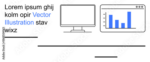 Digital marketing, data analysis, business reports, user interface design, information systems, online learning. A computer monitor and graph window with text elements. Data analysis and business