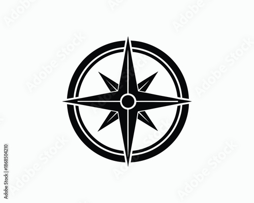 Black Compass Rose Icon with Eight Points Inside a Circle Keywords: compass, rose, navigation, direction, north