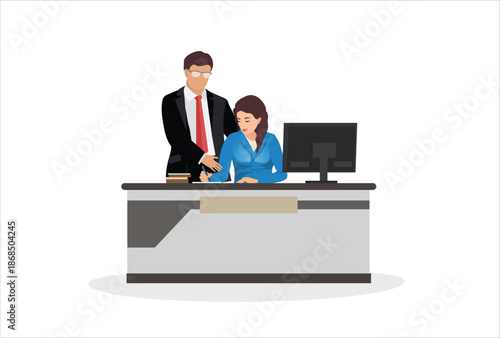 Sexual harassment in the office vector isolated. Employee suffering from abuse, unwanted attention from the boss. Man touching shoulder of female employee.