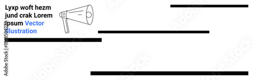 Advertising, marketing, communication tools, public announcements, media campaigns, design templates. Megaphone graphic with text placeholder and black horizontal lines. Communication and marketing