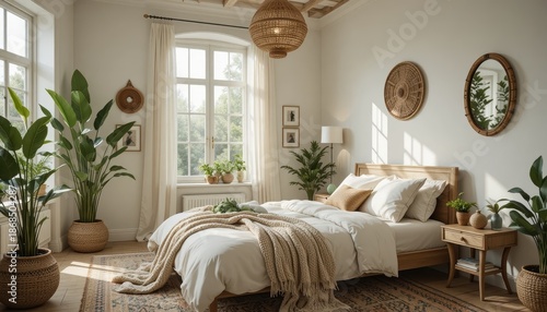 Cozy, Minimalist Bedroom with Natural Light and Lush Plants in a Modern Interior Design
