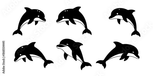 A collection of simple black silhouette illustrations depicting playful dolphins jumping and swimming