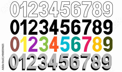 0–9 number typography set in various styles.soft shadow,thin line, outline, silhouette, colorful 0,1,2,3,4,5,6,7,8,9 zero, one, two, three, four, five, six, seven, eight, nine. soft shadow styles