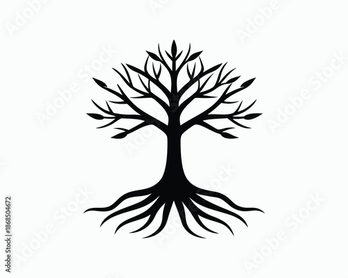 Black silhouette of a bare tree with spreading roots and minimal branches on a white background vector