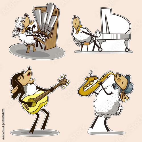 Set of funny  sheep musician stickers playing piano, saxophone, guitar, and organ. Cute farm animal character in flat, colorful, playful style.