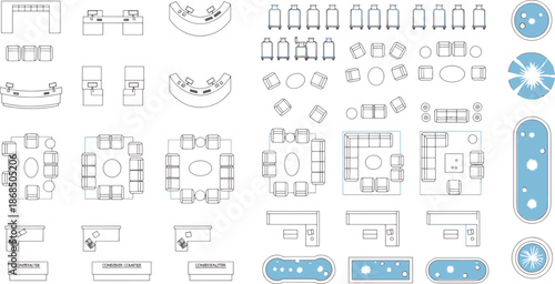 Collection of architectural plan elements. The collection includes various elements like tables, chairs, bar tops, lamps, and other design elements. 