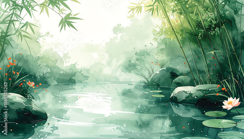 Misty bamboo river backdrop for wellness website hero banners. Zen stream landscape perfect for spa app splash screens. Calm nature waterway scene ideal for corporate meditation ads