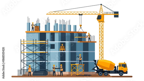 Construction Site with Crane and Concrete Mixer.