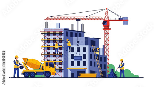 Construction Site with Crane and Workers.