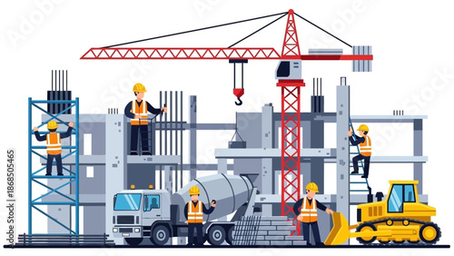 Construction Site with Workers and Machinery.