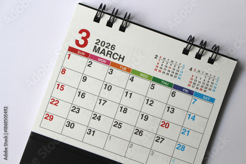 Monthly calendar template for the new year 2026 ,March,desk calendar,isolated on white background.