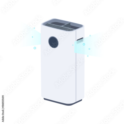 Air purifier with a digital screen and leafs blown by the wind. Concept Illustration of pure air in the room by the Air purifier.