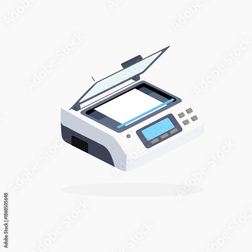 Business office objects set. Printer with paper. Organizing efficient work process and paperwork. Sticker for social networks. Cartoon flat vector collection isolated on blue background