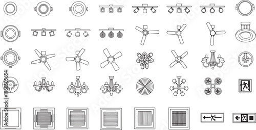 Architectural lighting and interior design icons, depicting various types of ceiling fixtures. Including spotlights, ceiling fans, chandeliers, and more.