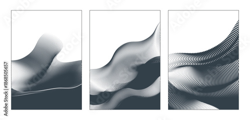 Abstract poster background vector set with wave shapes, halftone dots and curved lines.