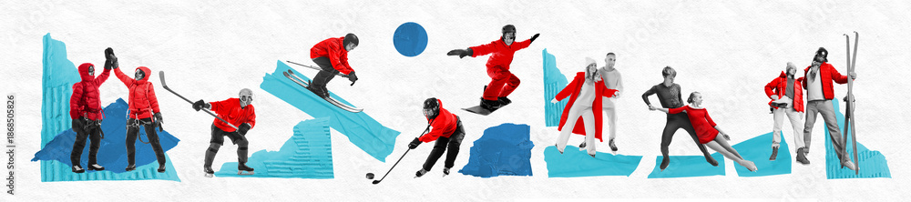 Obraz premium Creative winter sport artwork with athletes on abstract shapes and minimal background. Concept of brand storytelling, editorial banner, youth culture, sport fashion design, and social media content