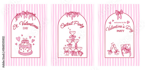 Valentines day invitations set in Girly Coquette style. Hand-drawn Vintage templates with bows, cake and Cocktails in pink color. Cute stylish party invitation designs for print or web use.