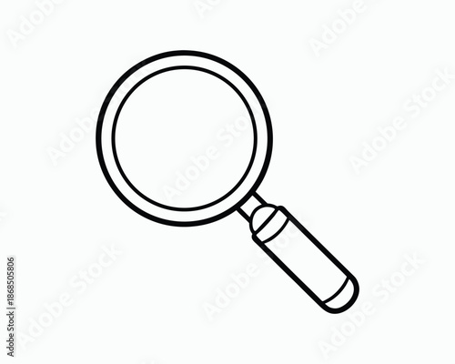 Simple black outline drawing of a magnifying glass on white background lens search