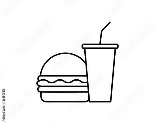 Outline icon of a hamburger and a soda cup with straw cheeseburger fast food