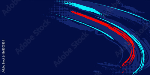 Dark blue abstract background featuring expressive red and cyan paint brush strokes with halftone dot textures and a street-style aesthetic