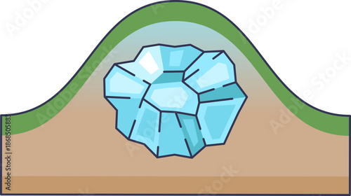 Cross-section of a pingo formation showing a massive ice core lifting the tundra surface. It illustrates permafrost dynamics and geological mound growth in Arctic environments.