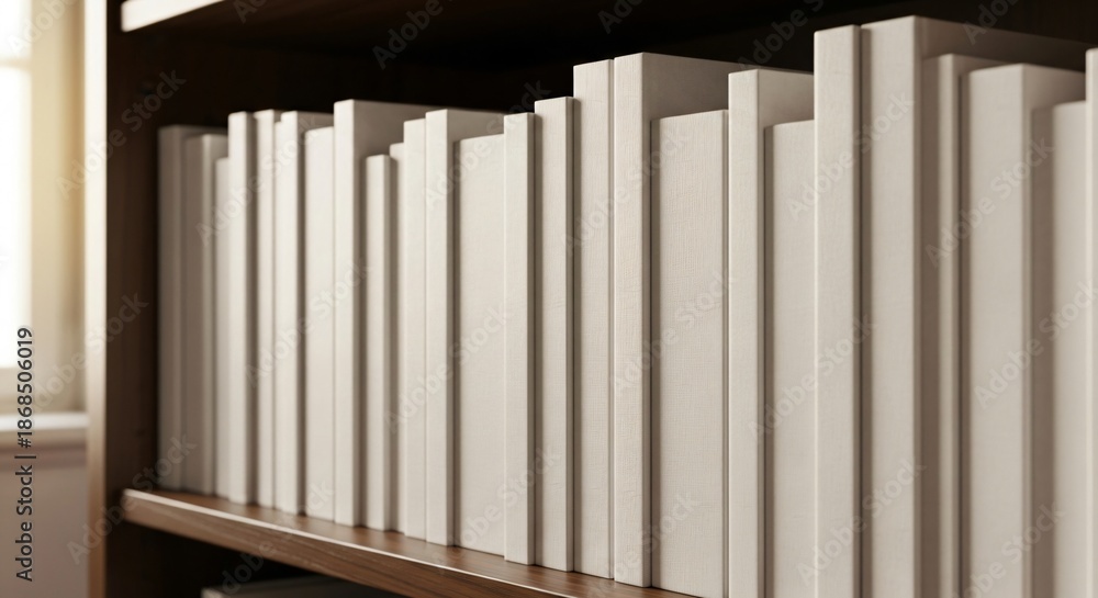 Fototapeta premium A wooden bookshelf filled with a neat row of books, many with lightcolored spines, illuminated by soft natural light