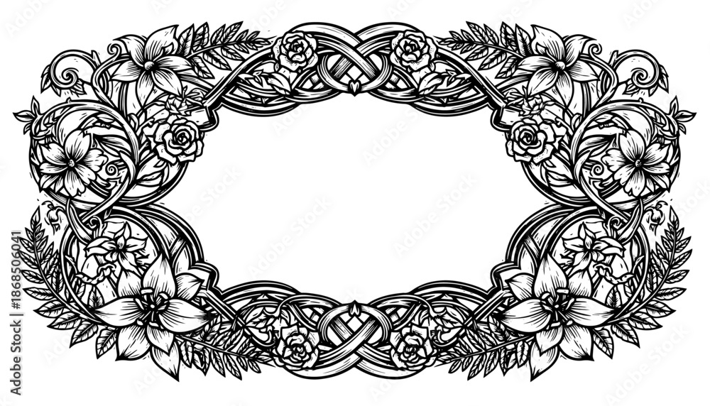 Obraz premium Intricate Floral and Celtic Knotwork Frame in Black and White