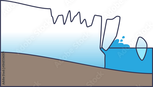 Diagram of glacier calving: a massive ice block breaks off into the sea. Symbolizes climate change, melting polar ice, and rising sea levels due to global warming.