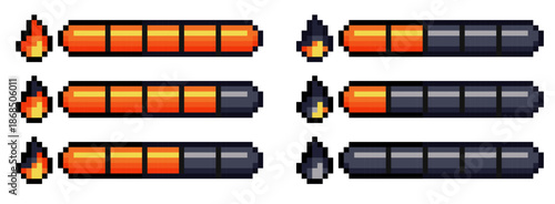 Pixel art style retro game life bar with fire indicator isolated on transparent background. Collection of 8-bit retro health UI for video game assets. Vector illustration.