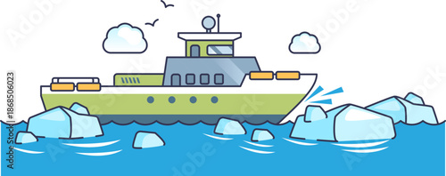 Stylized icebreaker ship navigating frozen arctic waters, breaking ice blocks. Symbolizes resilience, overcoming obstacles, and polar exploration in harsh maritime environments.