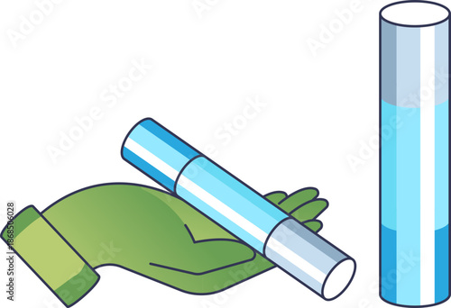 Vector illustration of a gloved hand holding an ice core sample. It symbolizes scientific research in glaciology and paleoclimatology to study historical climate change data.