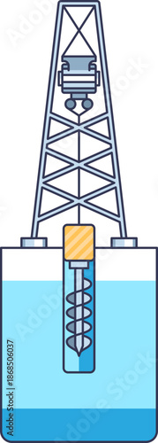 Ice core drill rig featuring a derrick and auger bit penetrating ice layers. Represents scientific climate research and the extraction of historical environmental data from polar regions.