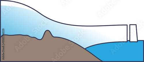 Diagram of an ice shelf showing glacial flow from land to sea. It depicts the grounding line, floating ice, and calving icebergs, illustrating polar dynamics and climate change.