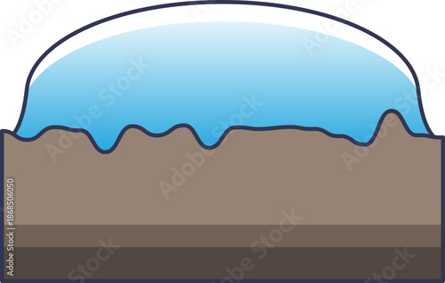 Diagram of an ice sheet profile showing a blue glacial mass over uneven bedrock. It illustrates ice thickness and geological interaction, vital for glaciology and climate change research.