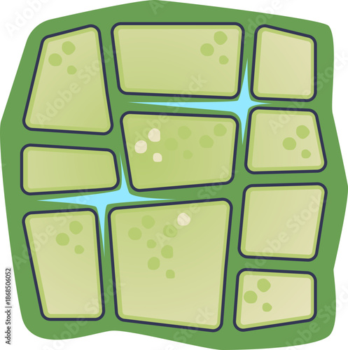 Stylized ice wedge polygon illustration showing green tundra blocks and blue ice wedges. It represents geometric patterns formed by thermal contraction in permafrost and arctic terrain.