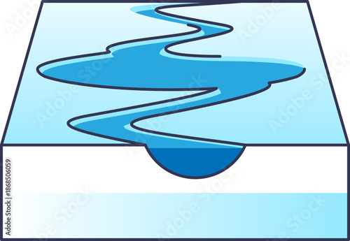 Stylized vector of a blue meltwater stream flowing through an ice block. It symbolizes glacial melting, climate change, and the natural flow of water from thawing ice caps.